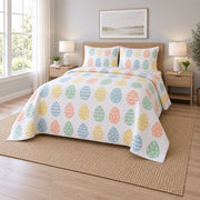 Modern Easter Egg Grid Quilt Set, angled easter home decorating bedroom view
