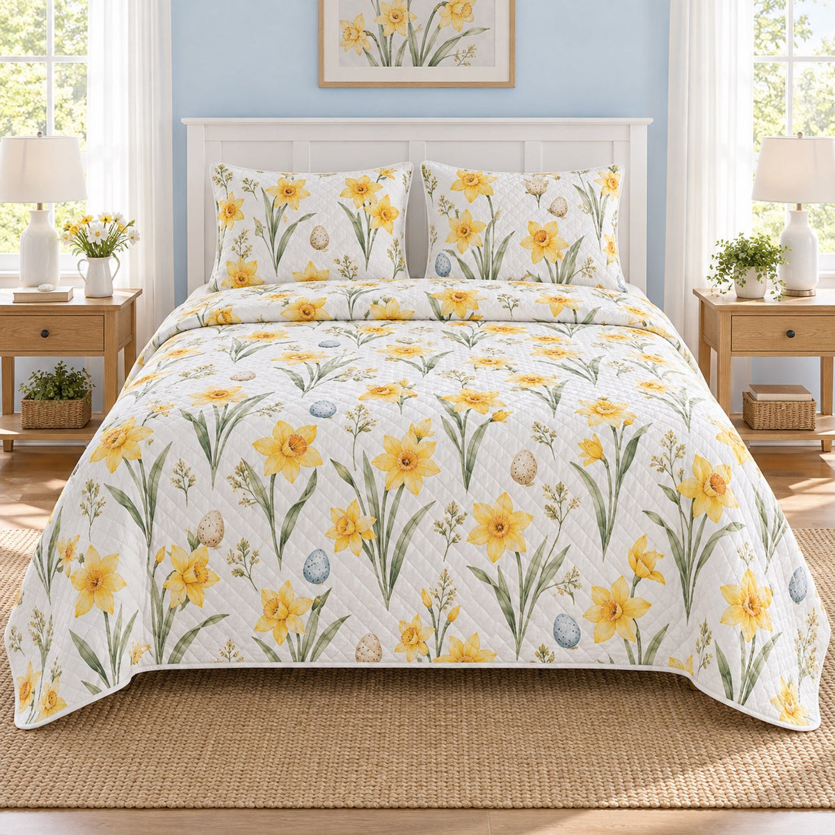 Daffodil Morning Easter Quilt Set, front easter home decorating bedroom view