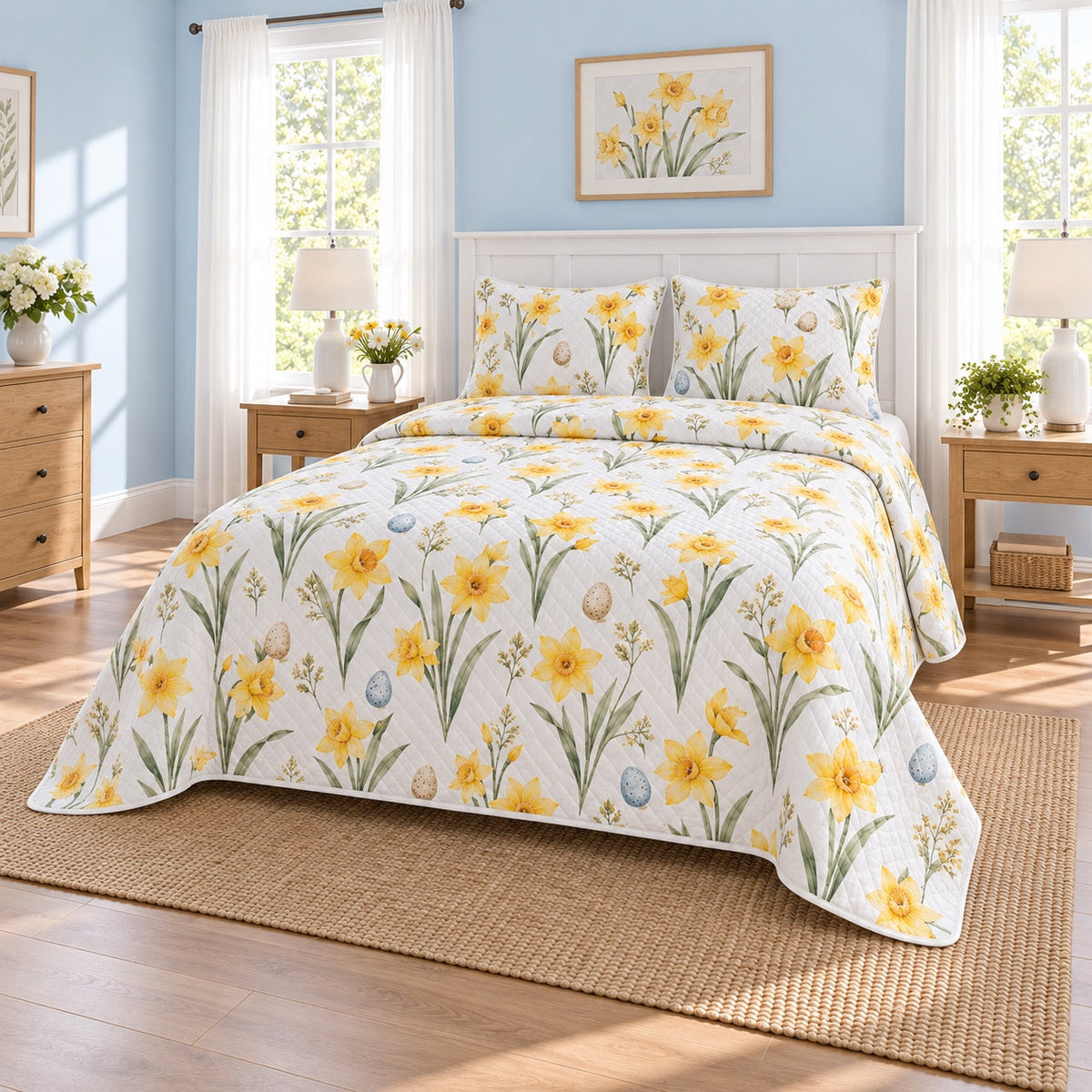 Daffodil Morning Easter Quilt Set, angled easter home decorating bedroom view