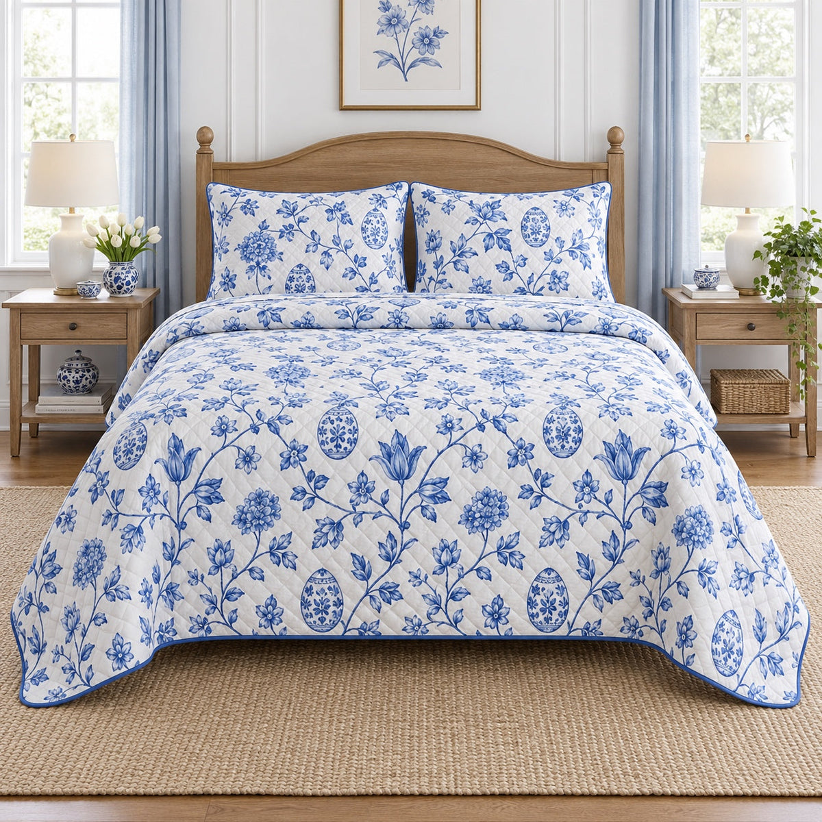 Blue Delft Easter Garden Quilt Set, front easter home decorating bedroom view