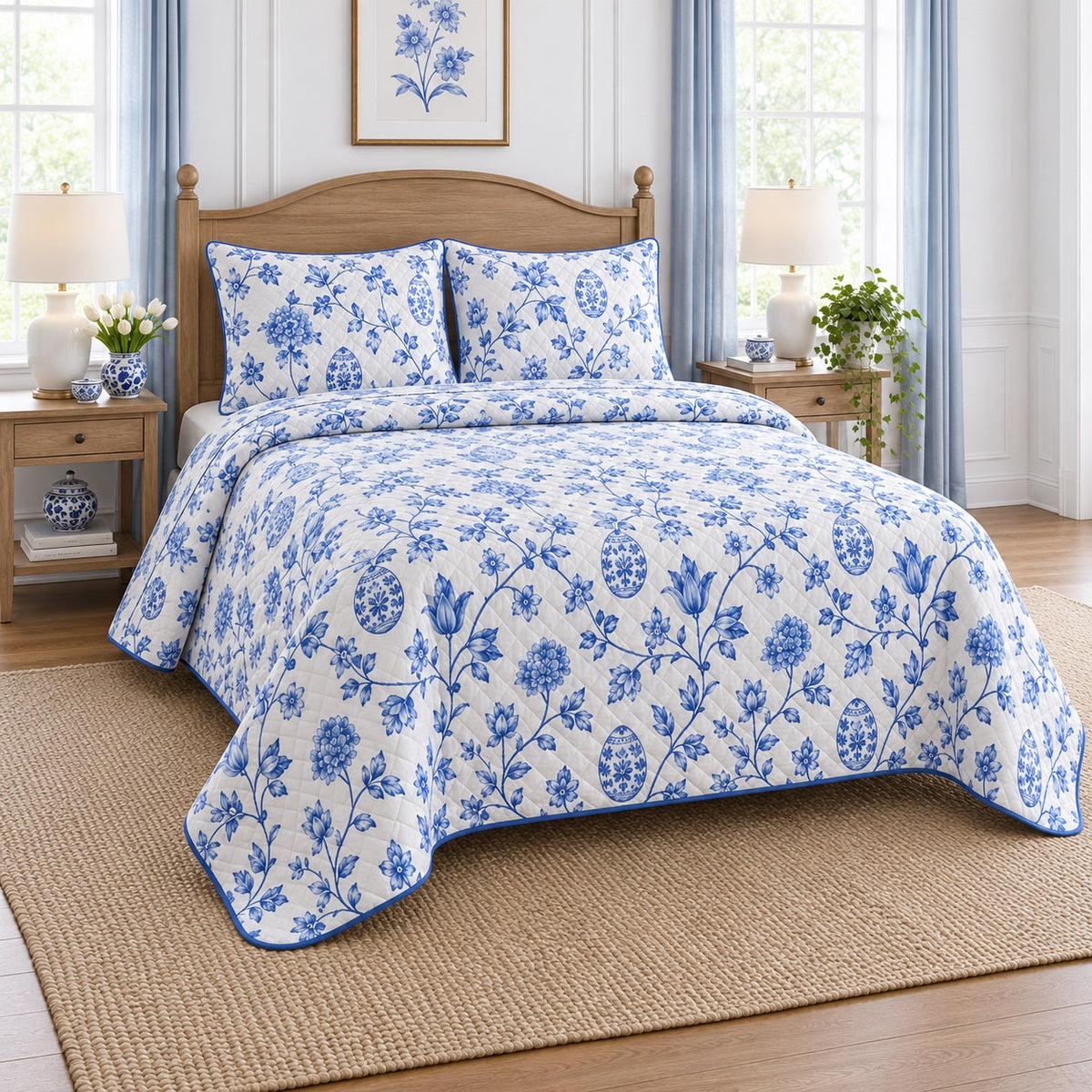 Blue Delft Easter Garden Quilt Set, angled easter home decorating bedroom view