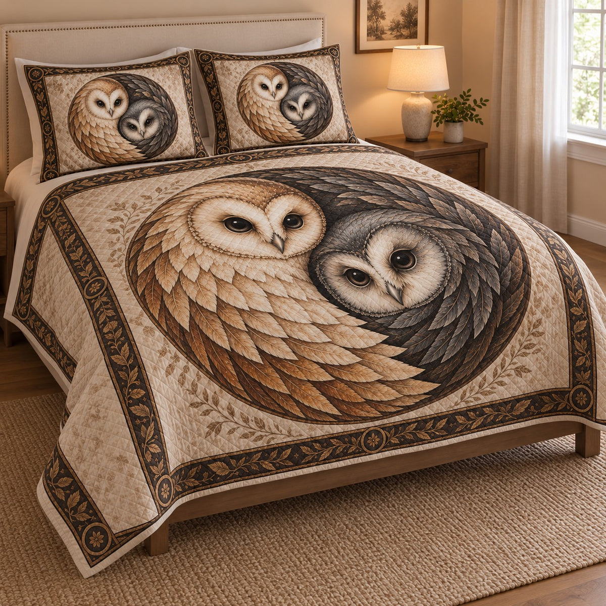 Yin Yang Owl Quilt Set: angled bedroom view showing the quilt artwork and coordinating shams