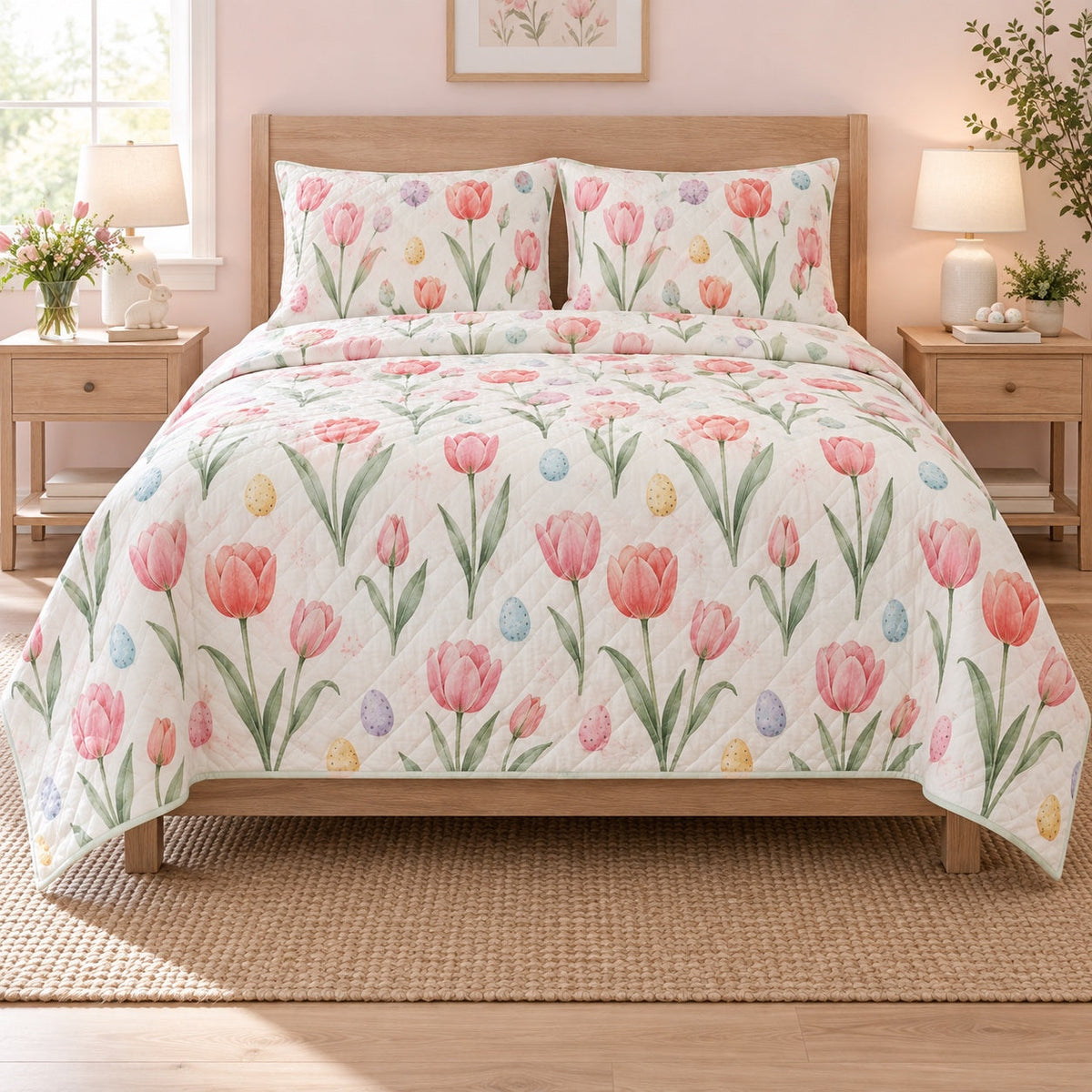 Tulip Egg Hunt Easter Quilt Set, front easter home decorating bedroom view
