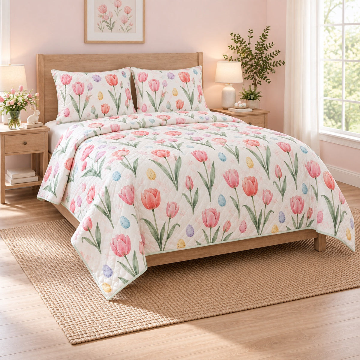 Tulip Egg Hunt Easter Quilt Set, angled easter home decorating bedroom view