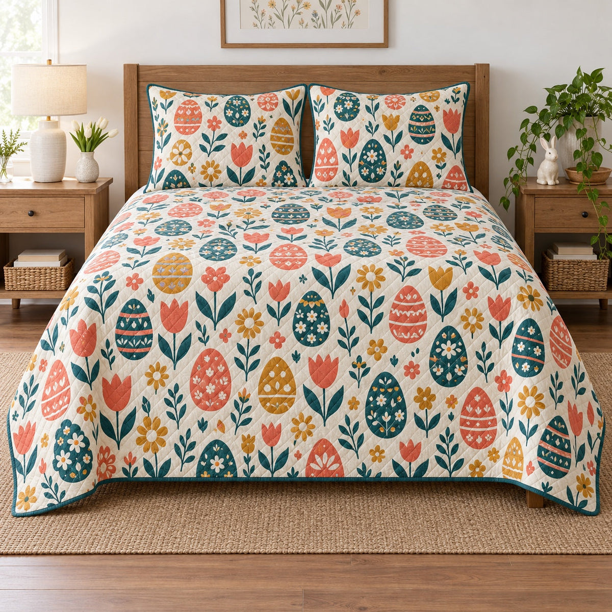 Folk Spring Easter Quilt Set, front easter home decorating bedroom view