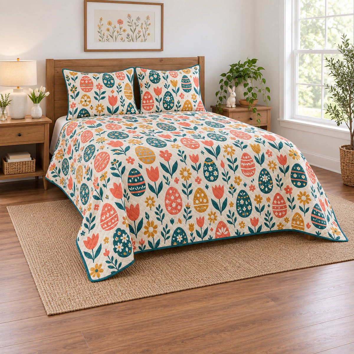Folk Spring Easter Quilt Set, angled easter home decorating bedroom view