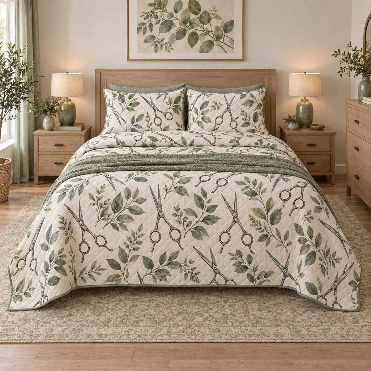 Botanical Shears Hair Stylist Quilt Set, front hair stylist bedroom view