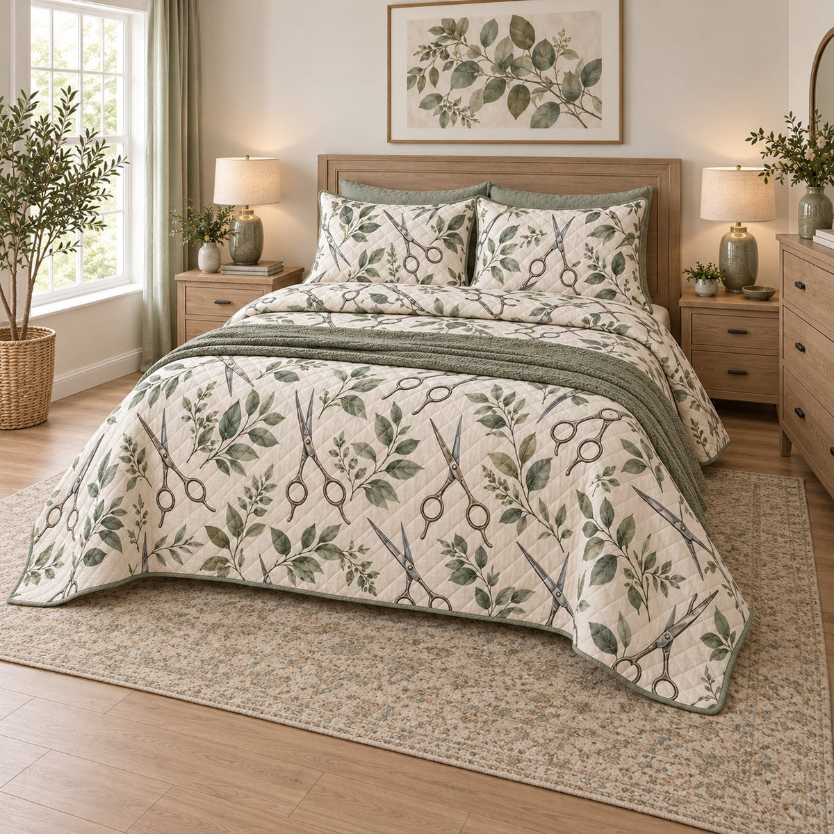Botanical Shears Hair Stylist Quilt Set, angled hair stylist bedroom view