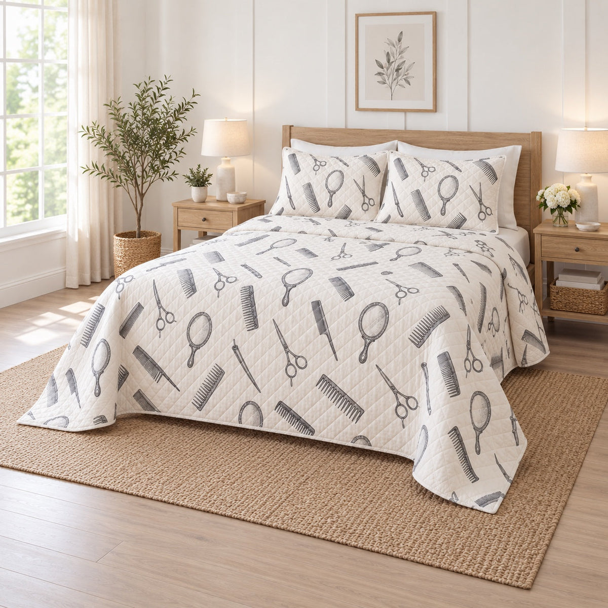 Salon Sketch Hair Stylist Quilt Set, angled hair stylist bedroom view