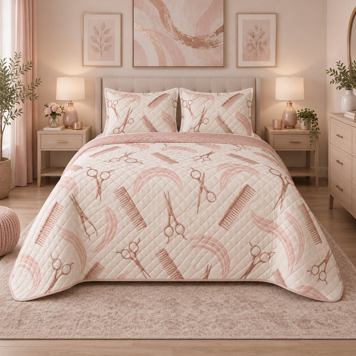 Rose Gold Tools Hair Stylist Quilt Set, front hair stylist bedroom view