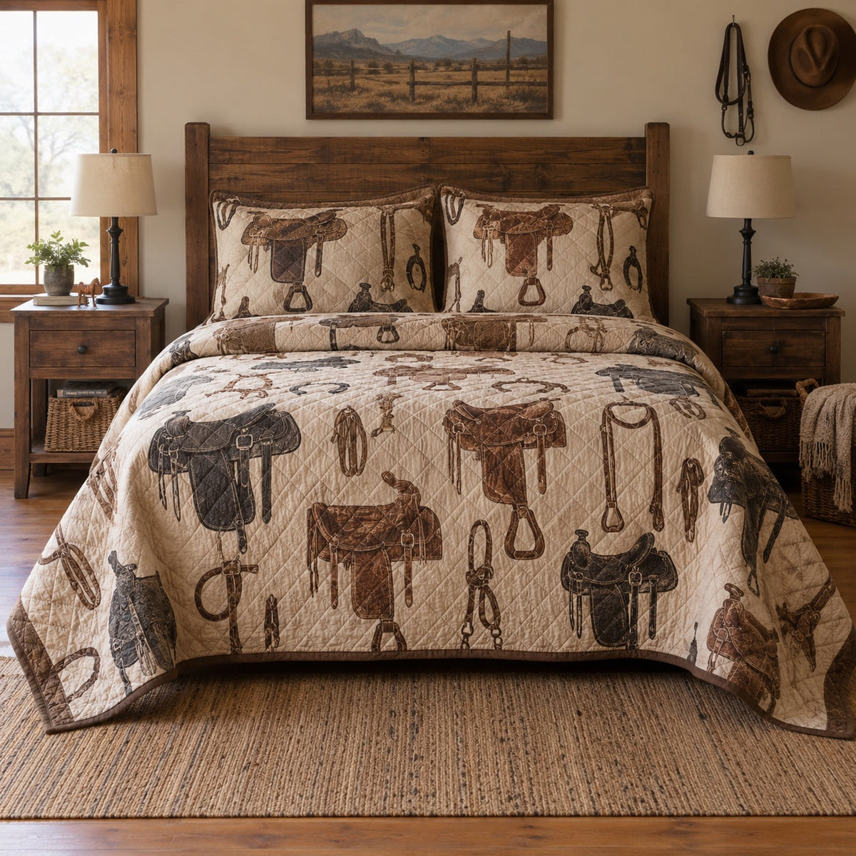 Saddle Leather Study Western Ranch Quilt Set, front western ranch bedroom bedroom view
