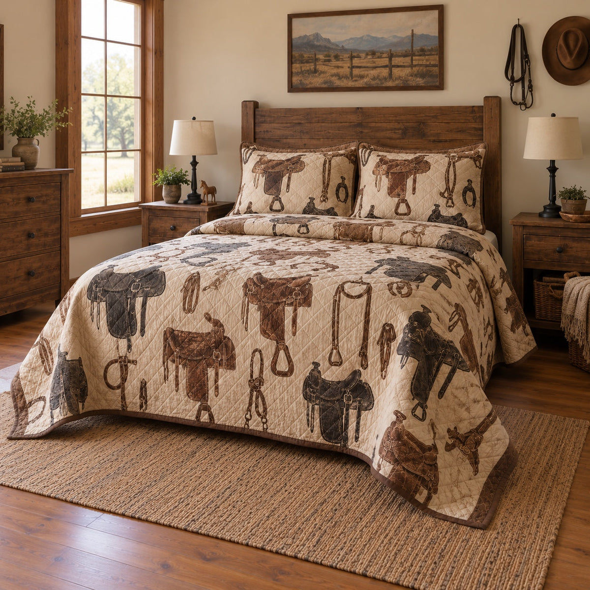 Saddle Leather Study Western Ranch Quilt Set, angled western ranch bedroom bedroom view