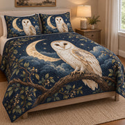 Barn Owl Crescent Moon Quilt Set: angled bedroom view showing the quilt artwork and coordinating shams