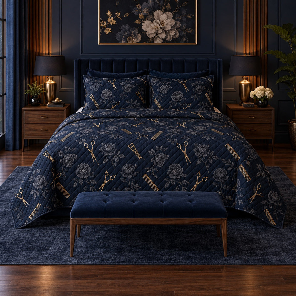 Midnight Salon Hair Stylist Quilt Set, front hair stylist bedroom view