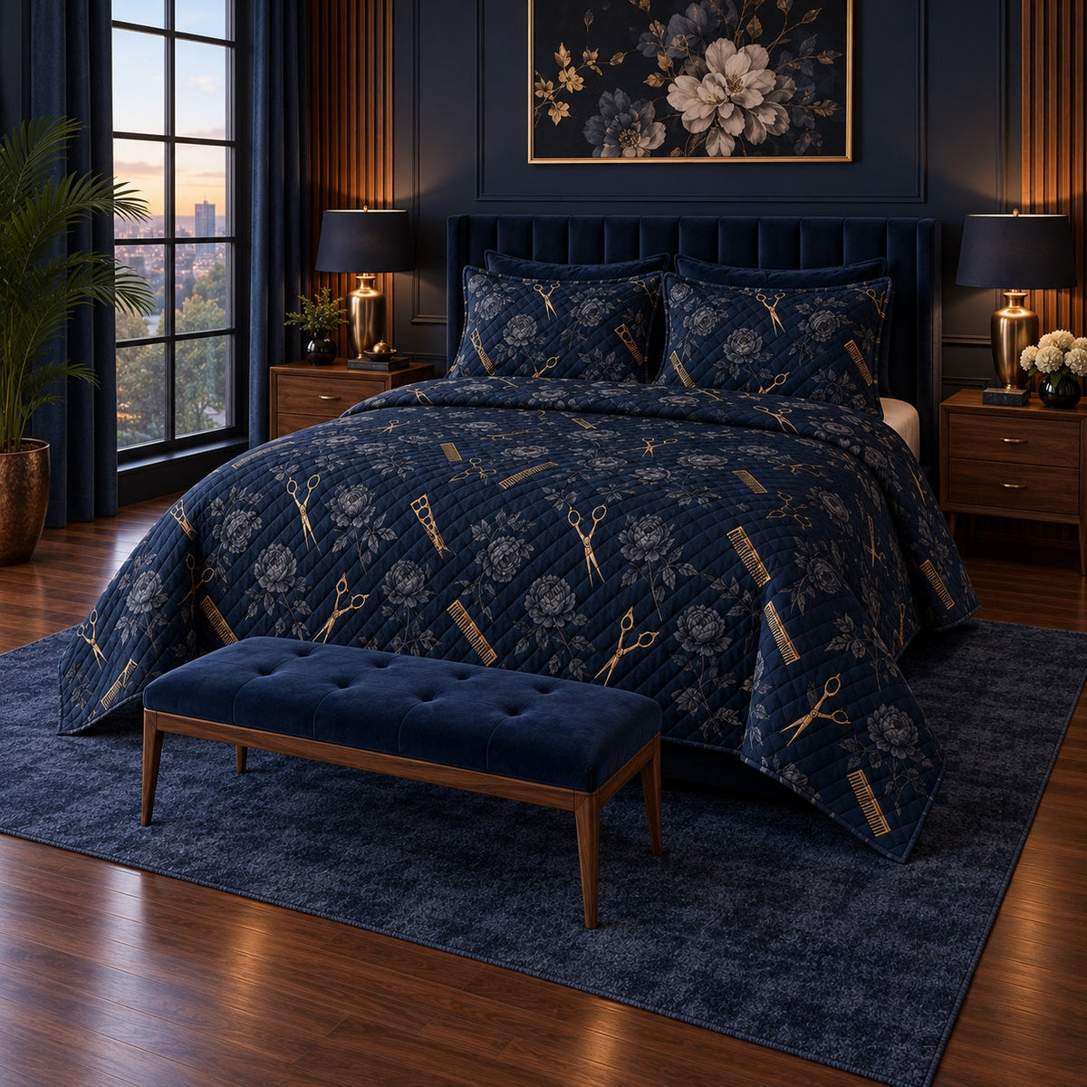 Midnight Salon Hair Stylist Quilt Set, angled hair stylist bedroom view