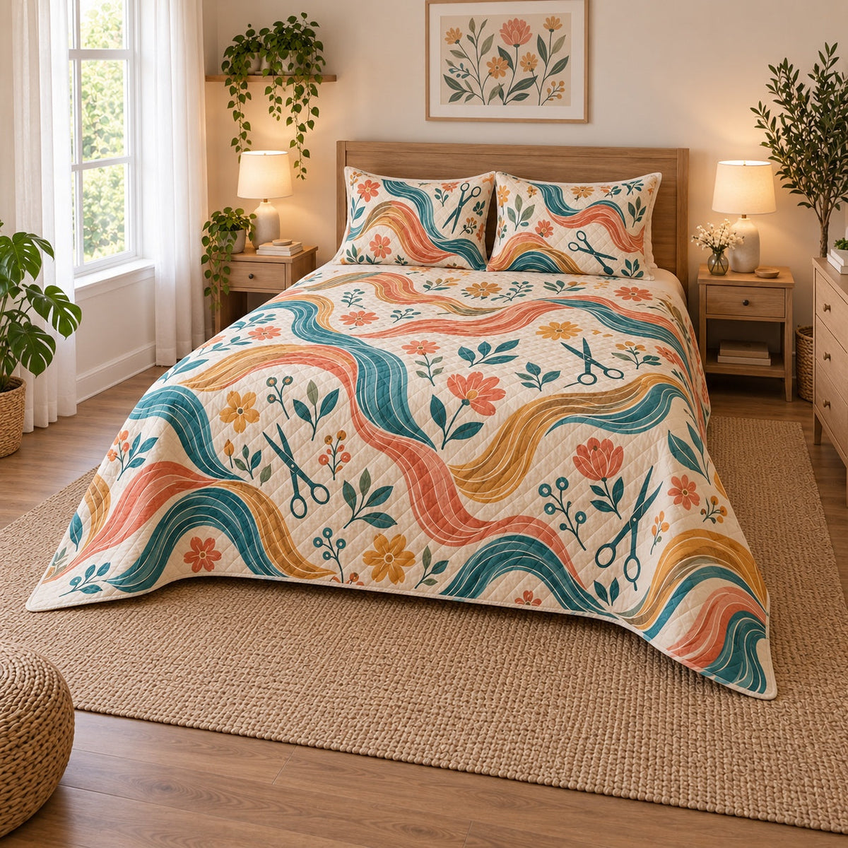 Folk Hair Studio Hair Stylist Quilt Set, angled hair stylist bedroom view