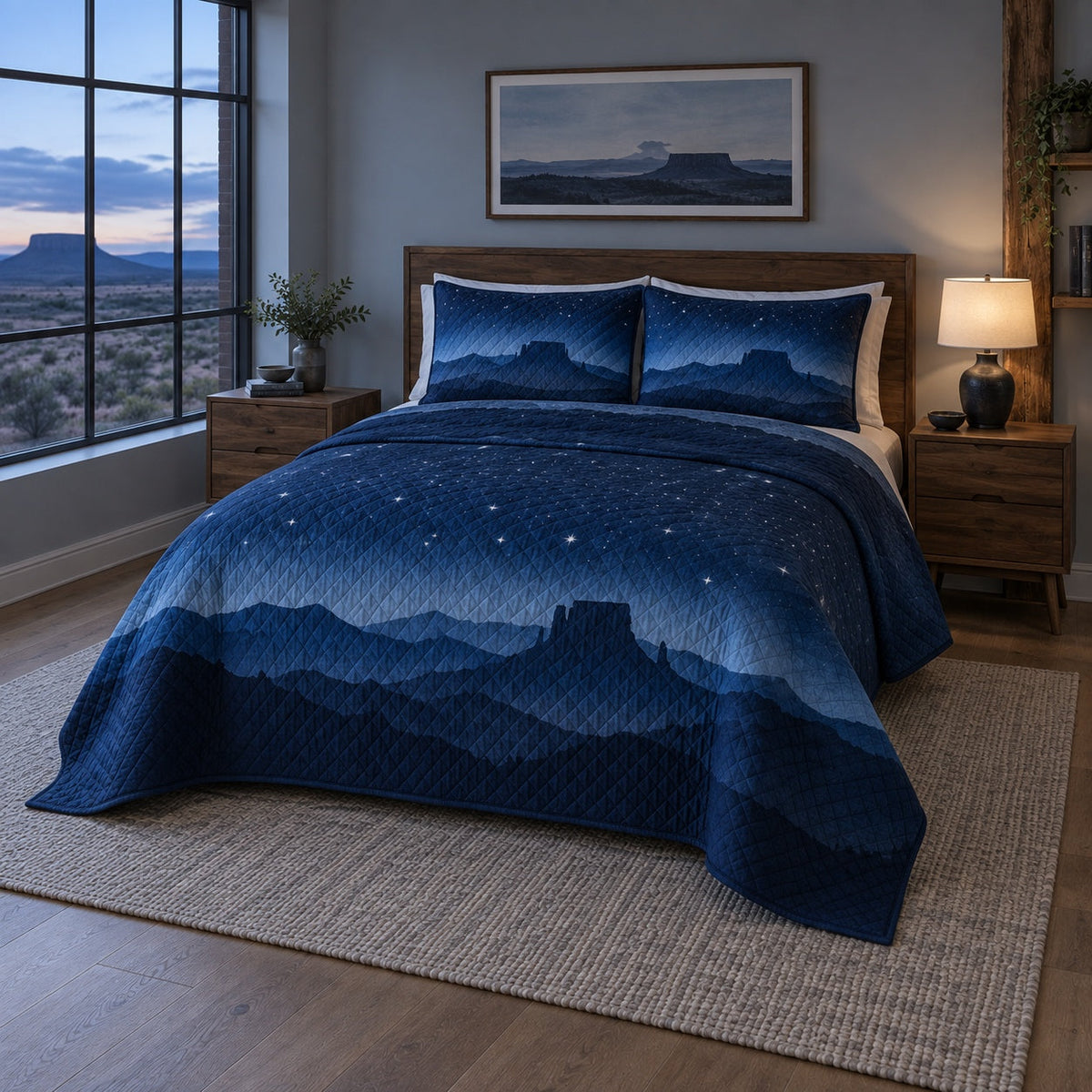 Blue Hour Mesa Western Ranch Quilt Set, angled western ranch bedroom bedroom view