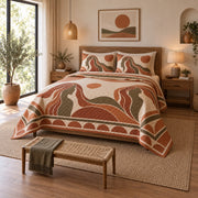 Terracotta Waves Hair Stylist Quilt Set, angled hair stylist bedroom view