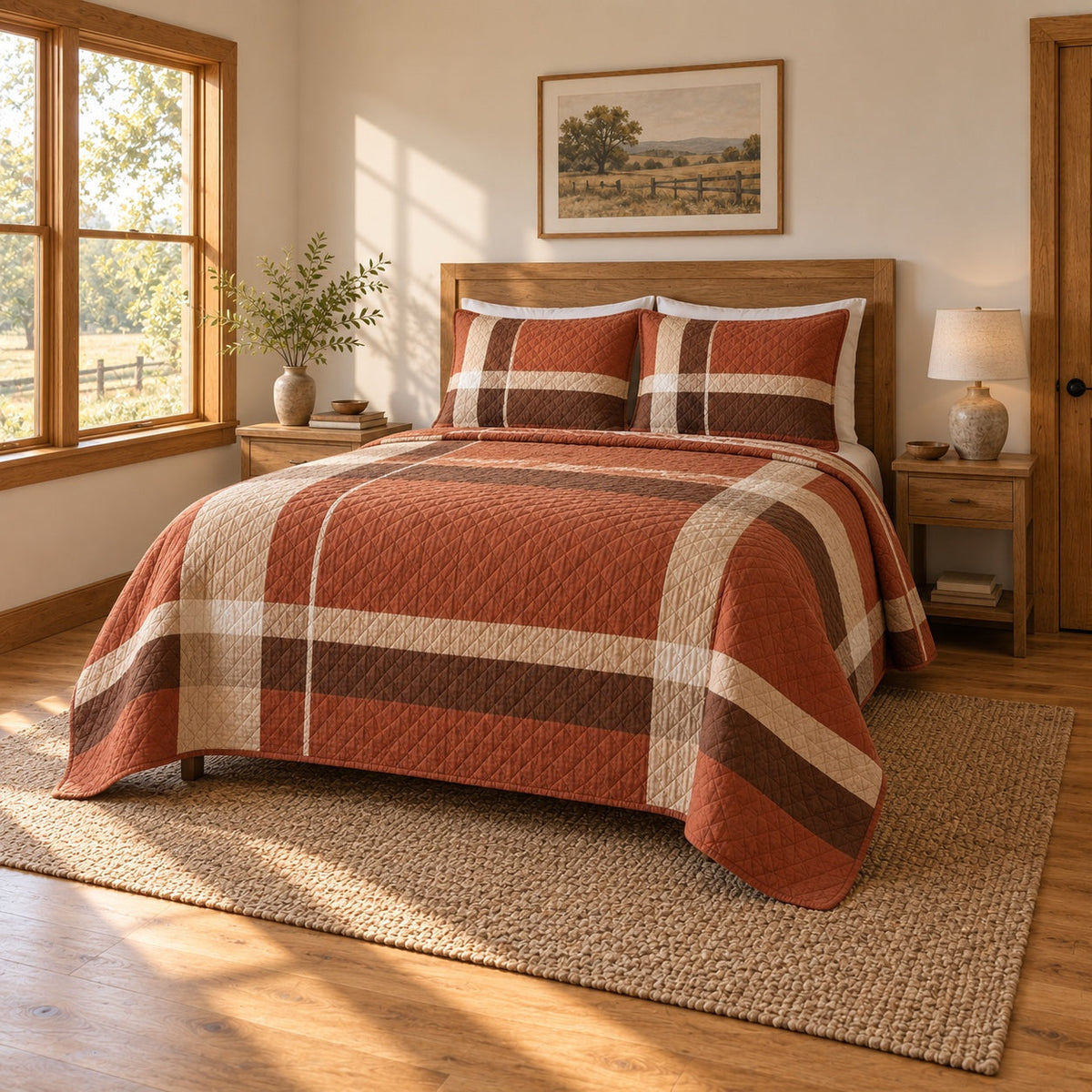 Terracotta Ranch Geometry Western Ranch Quilt Set, angled western ranch bedroom bedroom view