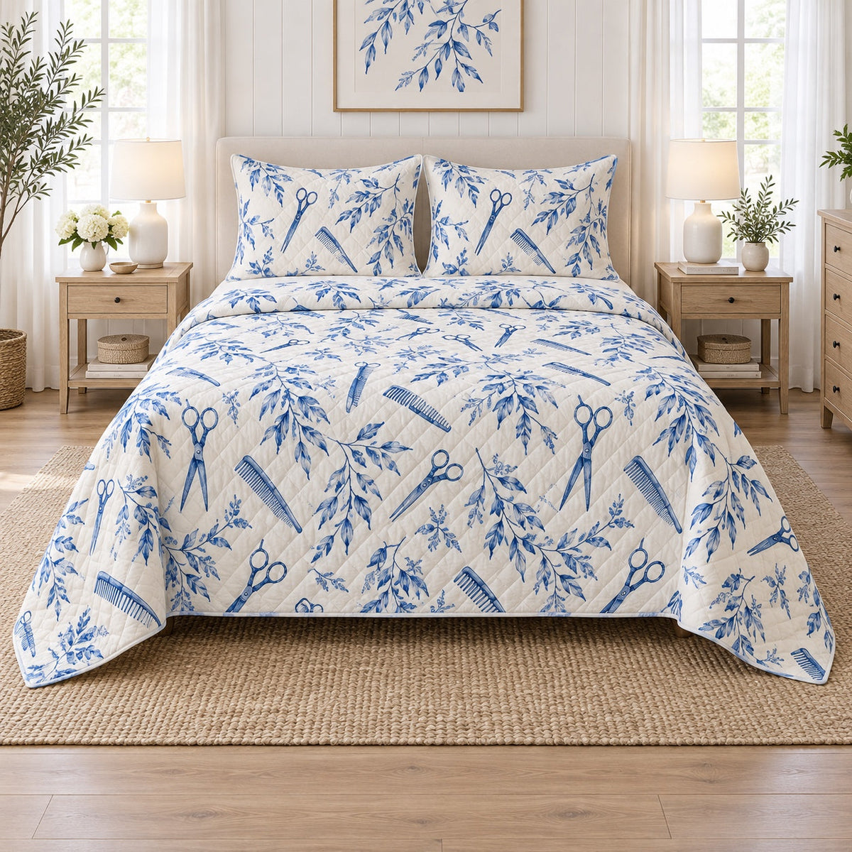 Blue Willow Shears Hair Stylist Quilt Set, front hair stylist bedroom view