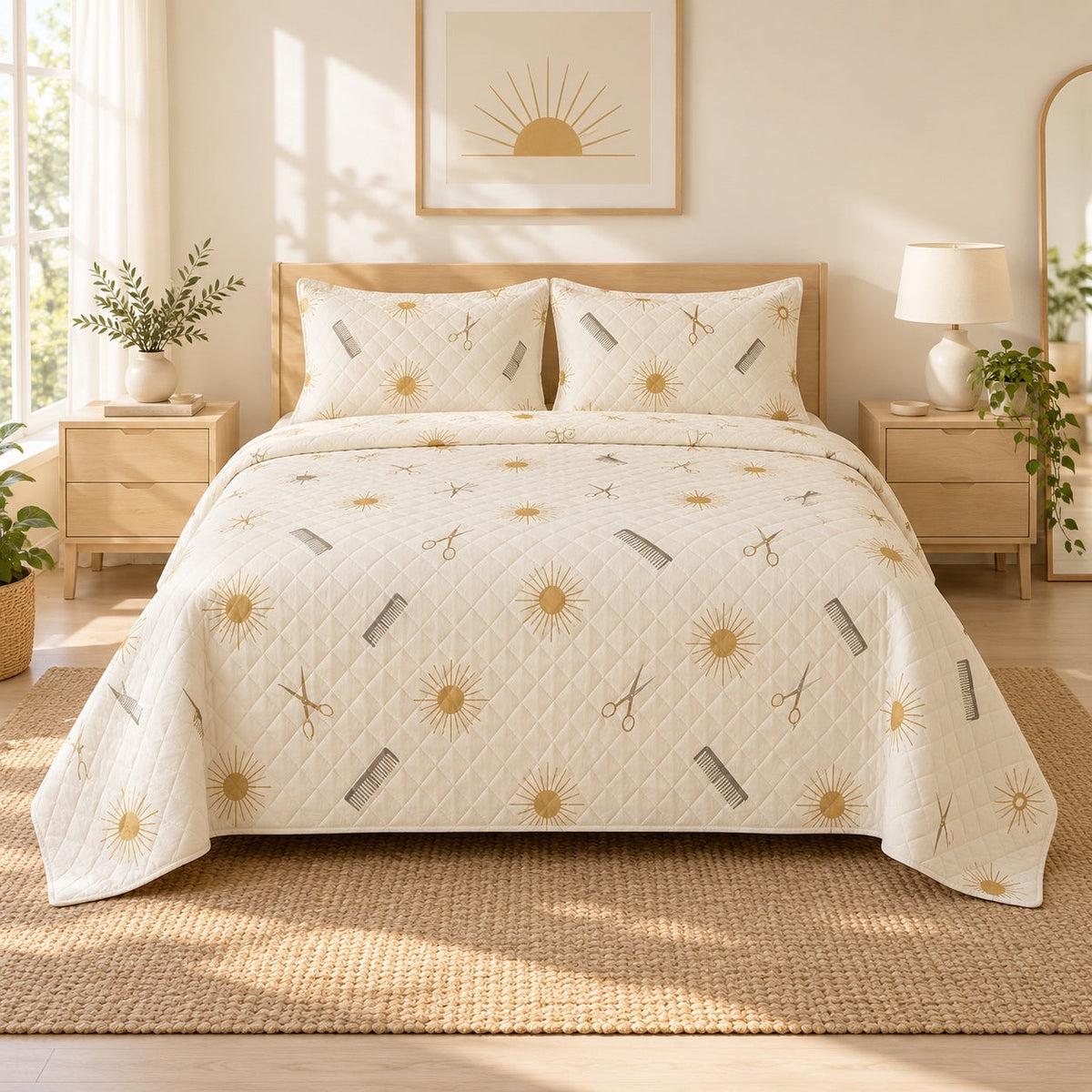 Sunlit Studio Hair Stylist Quilt Set, front hair stylist bedroom view