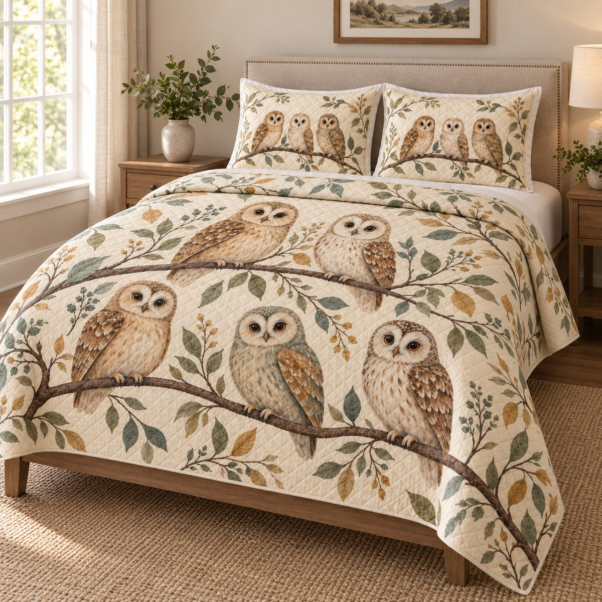 Woodland Owl Bird Nature Quilt Set: angled bedroom view showing the quilt artwork and coordinating shams