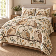 Woodland Owl Bird Nature Quilt Set: angled bedroom view showing the quilt artwork and coordinating shams