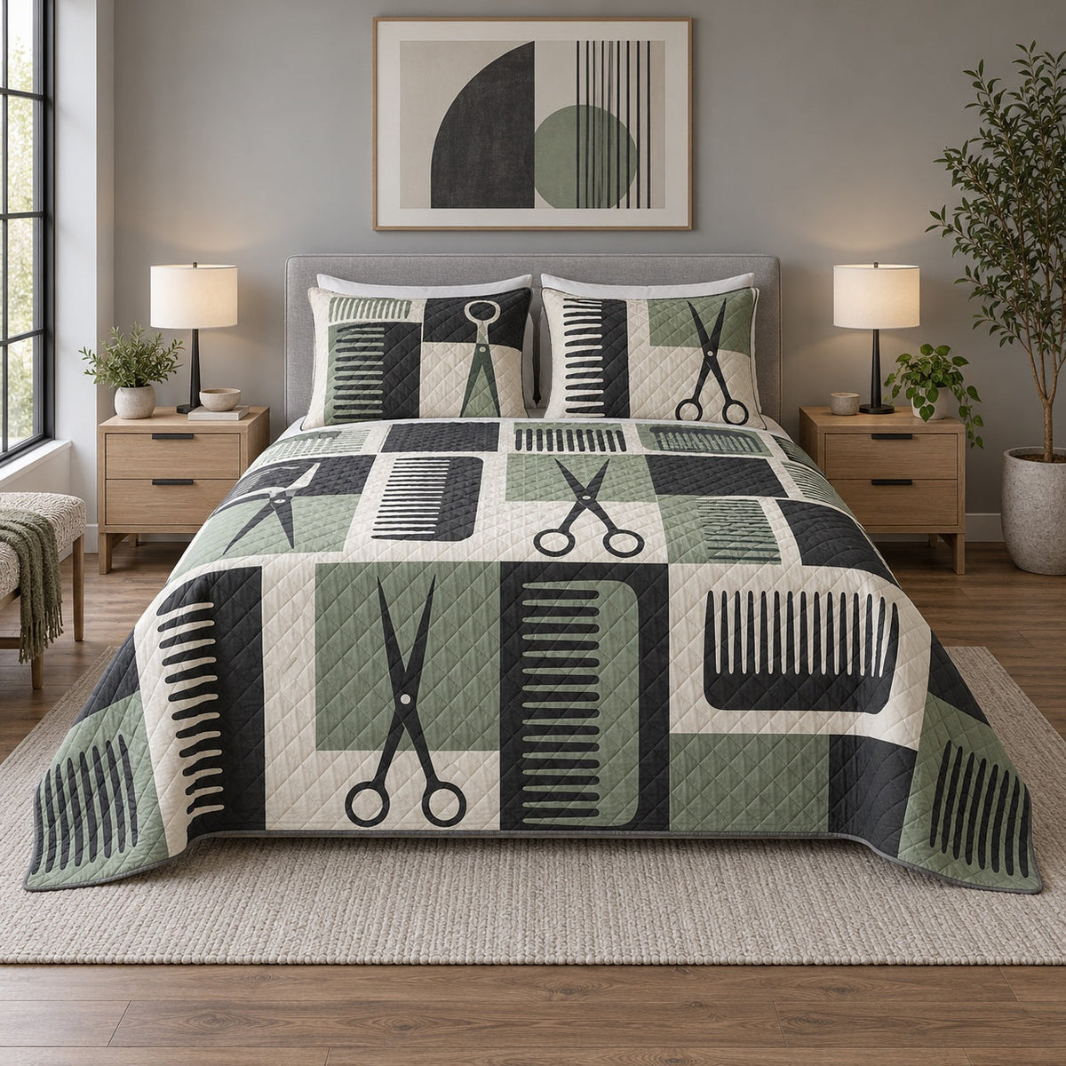 Modern Comb Grid Hair Stylist Quilt Set, front hair stylist bedroom view
