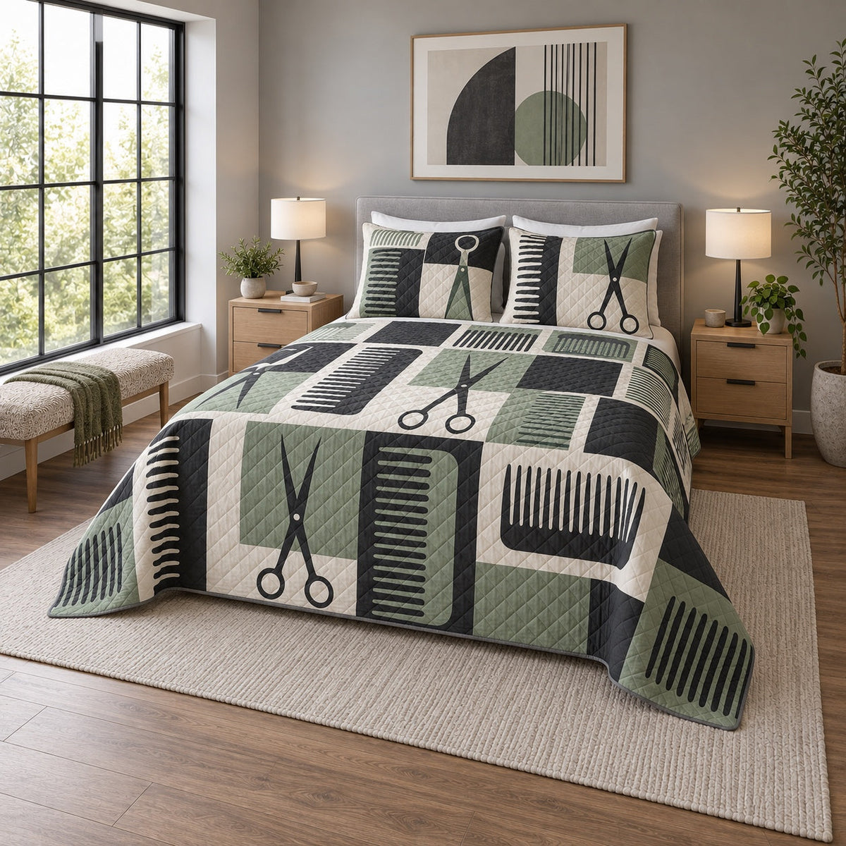 Modern Comb Grid Hair Stylist Quilt Set, angled hair stylist bedroom view