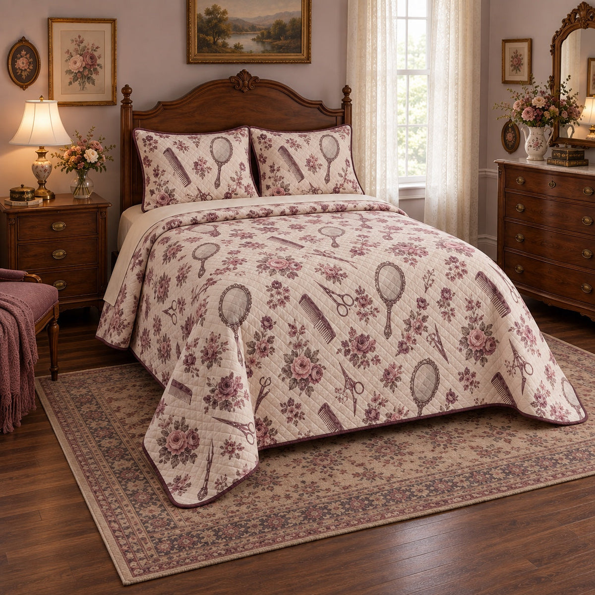 Vintage Vanity Hair Stylist Quilt Set, angled hair stylist bedroom view