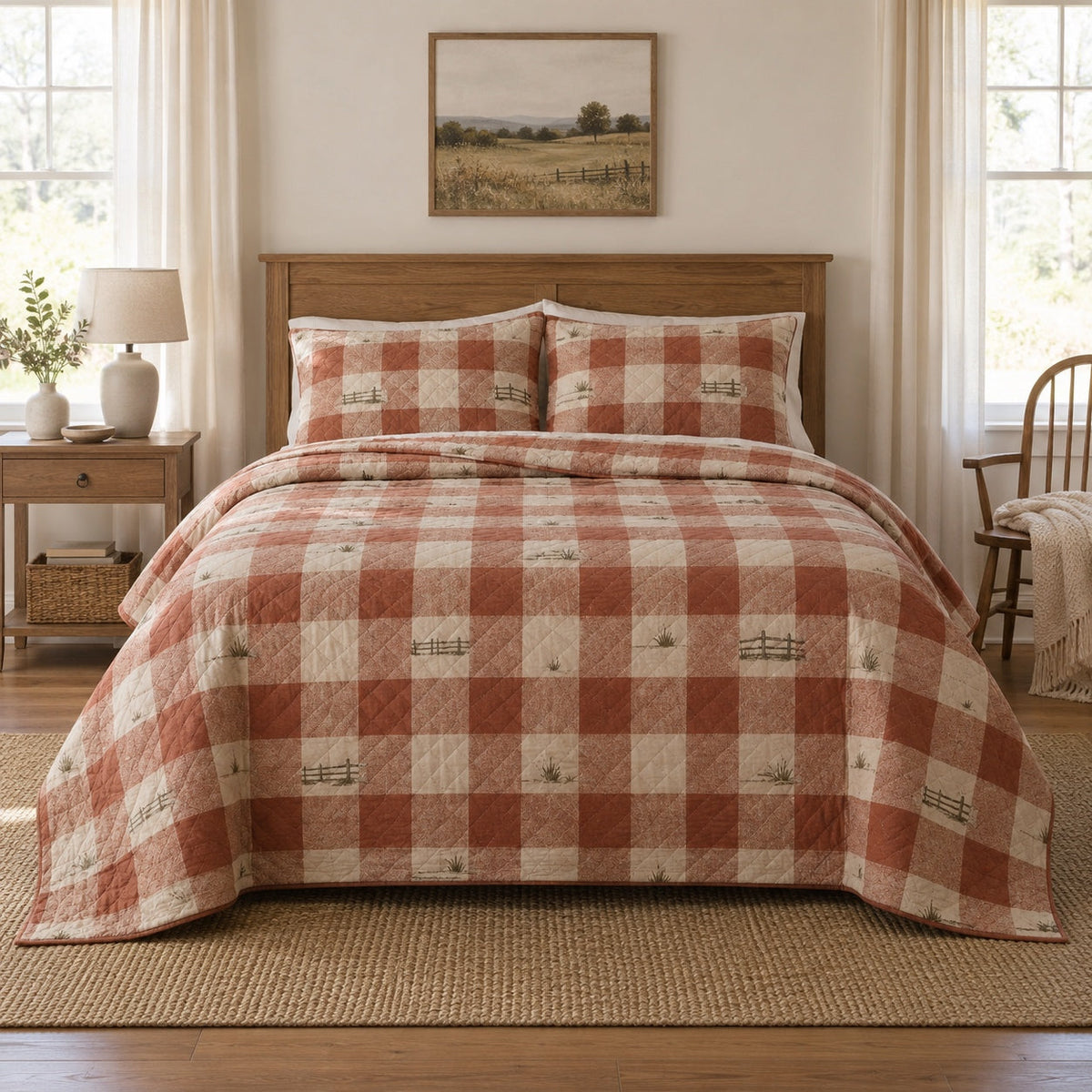 Ranch Morning Gingham Western Ranch Quilt Set, front western ranch bedroom bedroom view