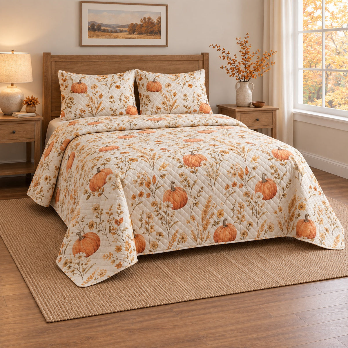 Pumpkin Meadow Halloween Quilt Set, angled halloween home decorating bedroom view