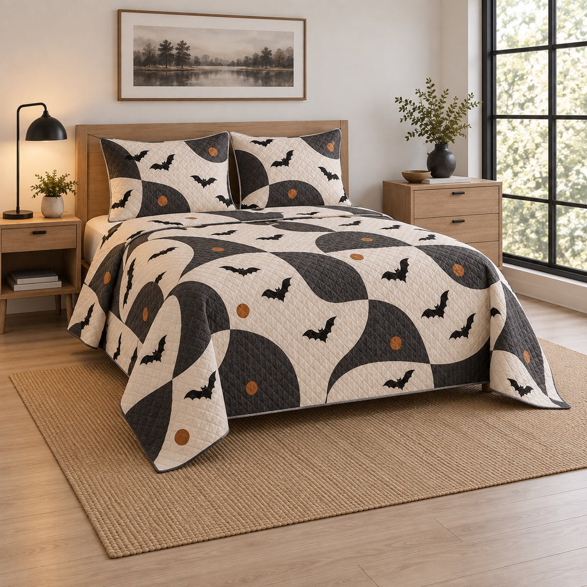 Modern Bat Flight Halloween Quilt Set, angled halloween home decorating bedroom view
