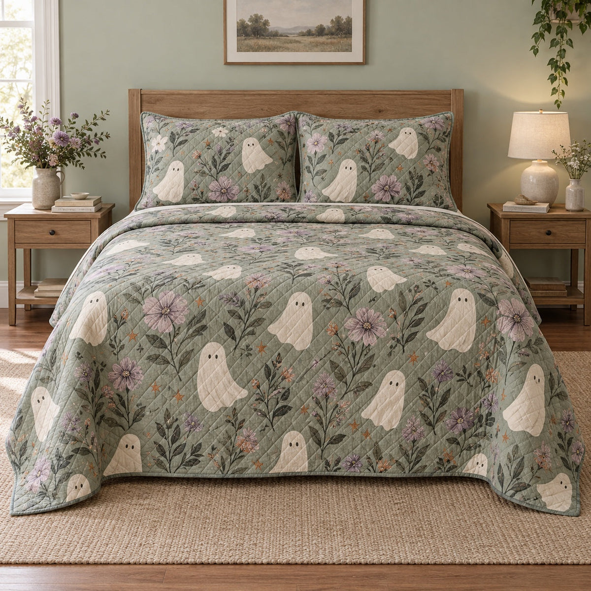 Friendly Ghost Garden Halloween Quilt Set, front halloween home decorating bedroom view