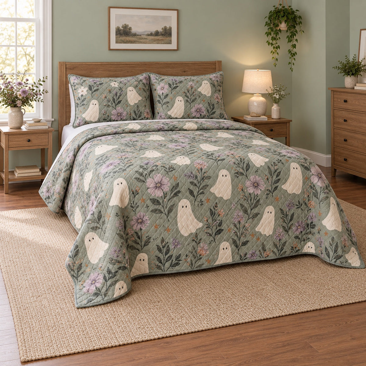Friendly Ghost Garden Halloween Quilt Set, angled halloween home decorating bedroom view