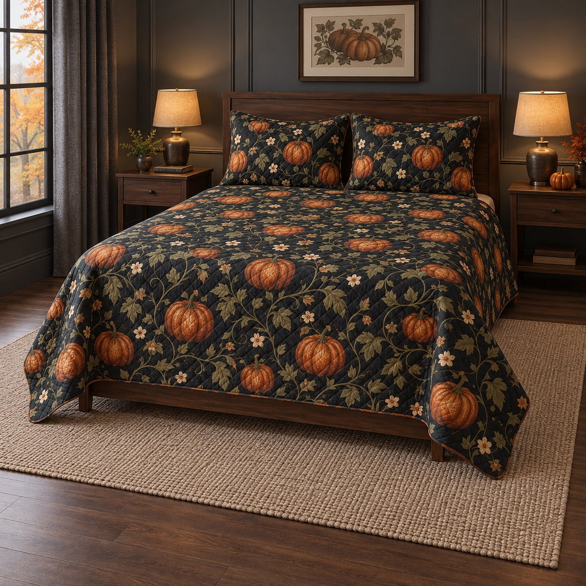 Midnight Pumpkin Vine Halloween Quilt Set, angled halloween home decorating bedroom view