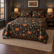 Midnight Pumpkin Vine Halloween Quilt Set, angled halloween home decorating bedroom view
