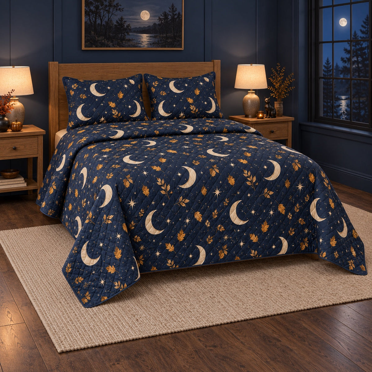 Moonlit Autumn Halloween Quilt Set, angled halloween home decorating bedroom view