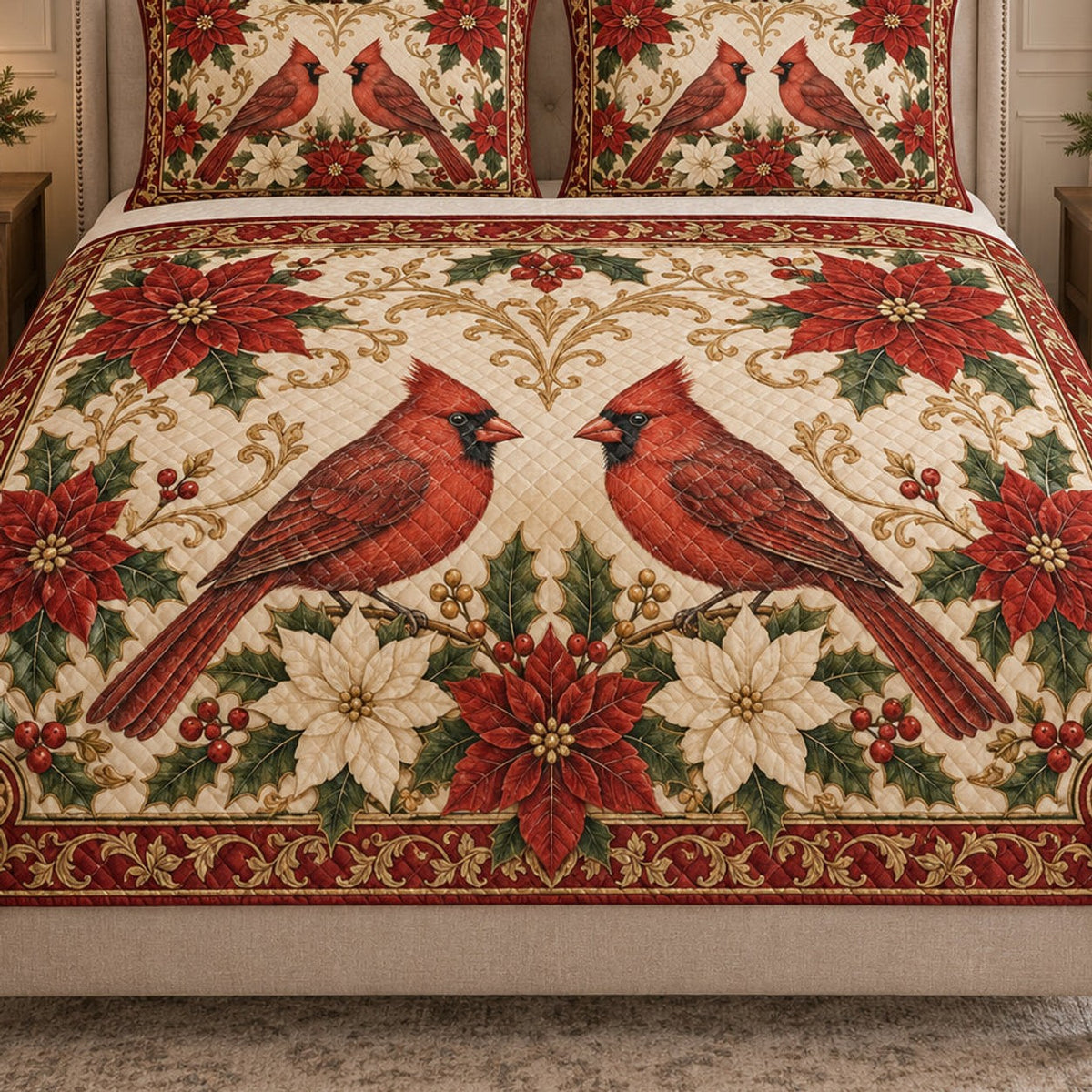 Close view of the Christmas Cardinal Pair Poinsettia quilt artwork and two matching shams