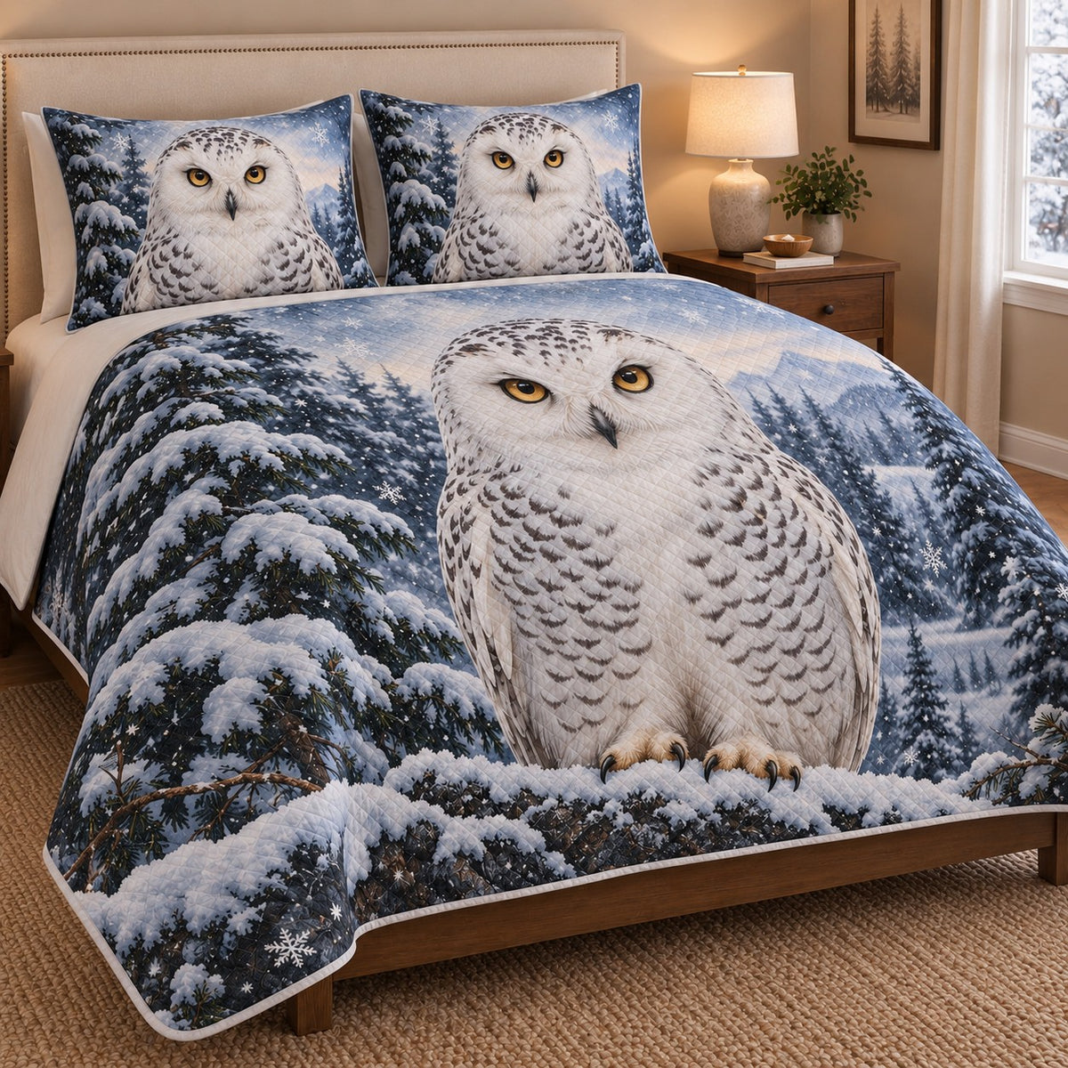 Snowy Owl Winter Forest Quilt Set: angled bedroom view showing the quilt artwork and coordinating shams