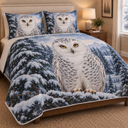 Snowy Owl Winter Forest Quilt Set: angled bedroom view showing the quilt artwork and coordinating shams
