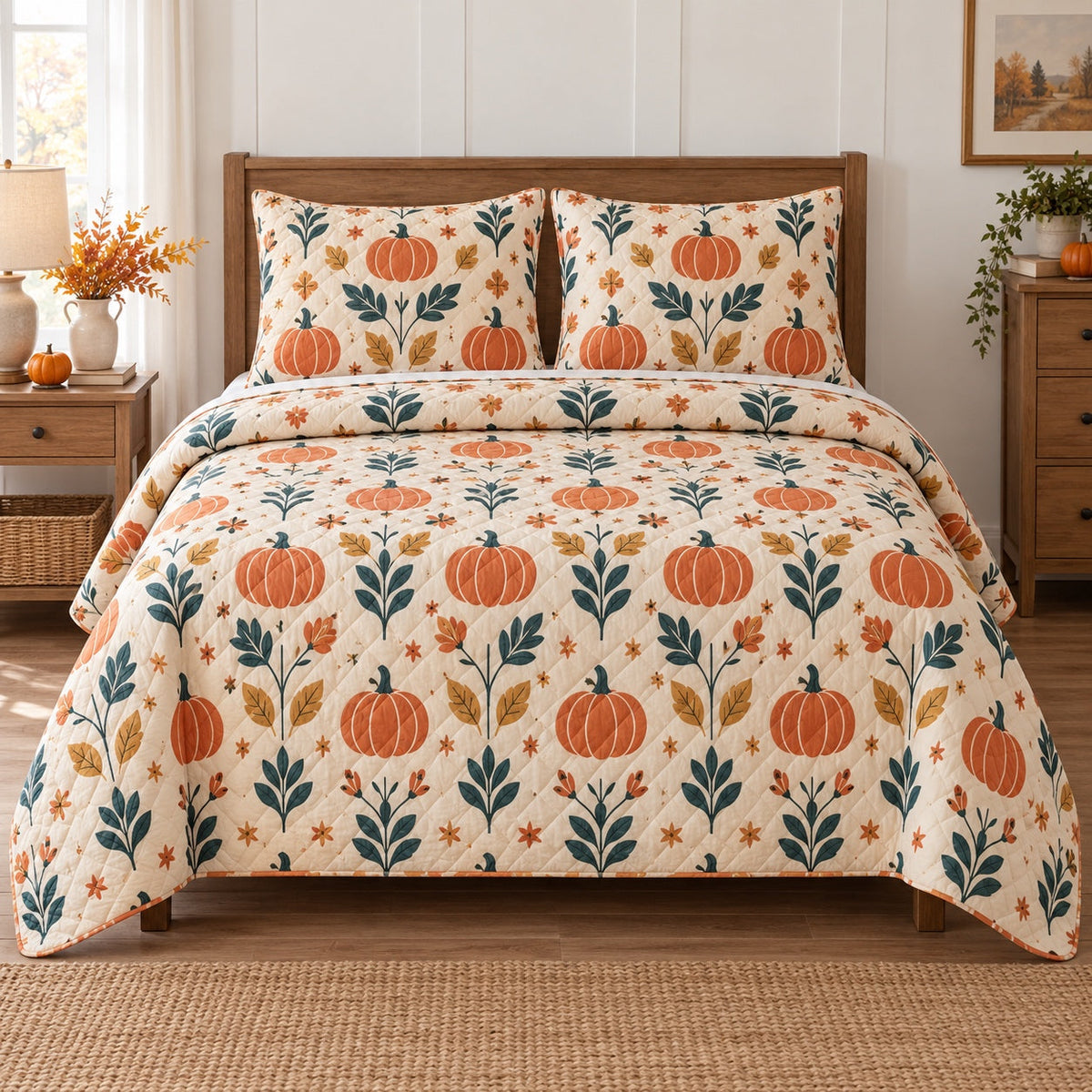 Folk Harvest Halloween Quilt Set, front halloween home decorating bedroom view