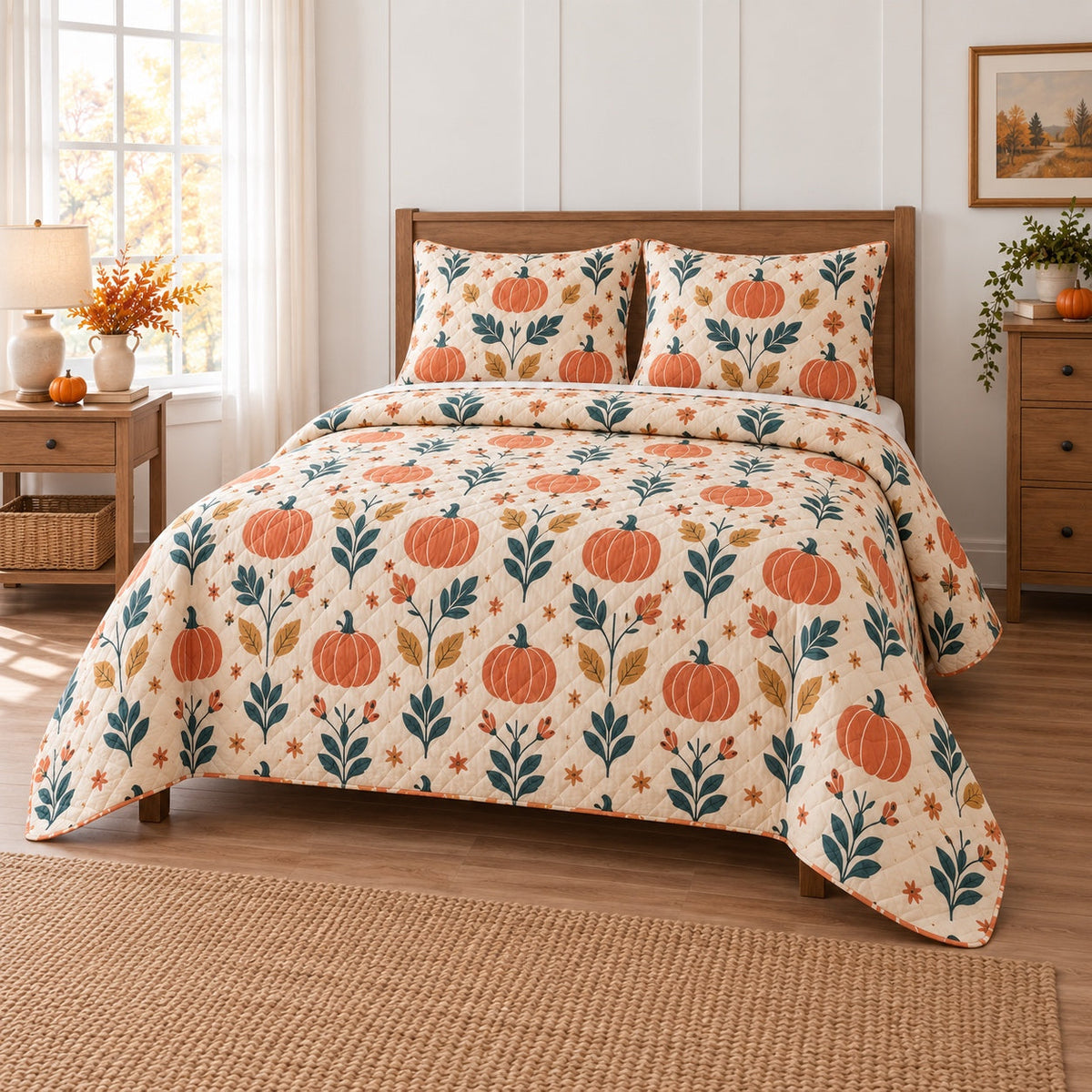 Folk Harvest Halloween Quilt Set, angled halloween home decorating bedroom view