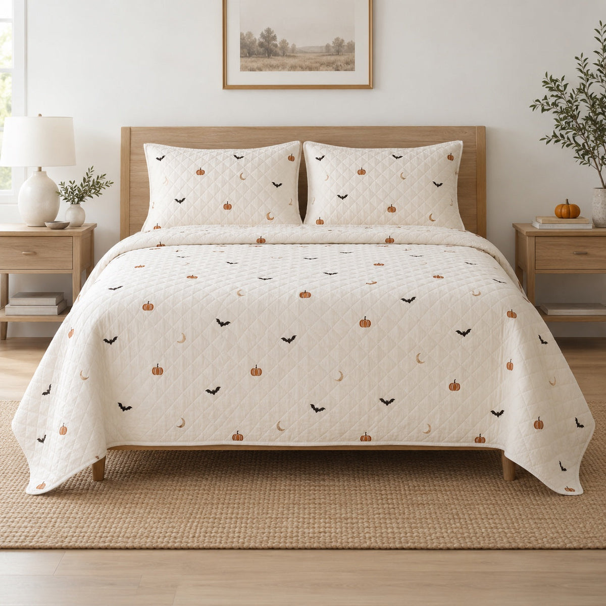 Minimal Spooky Halloween Quilt Set, front halloween home decorating bedroom view