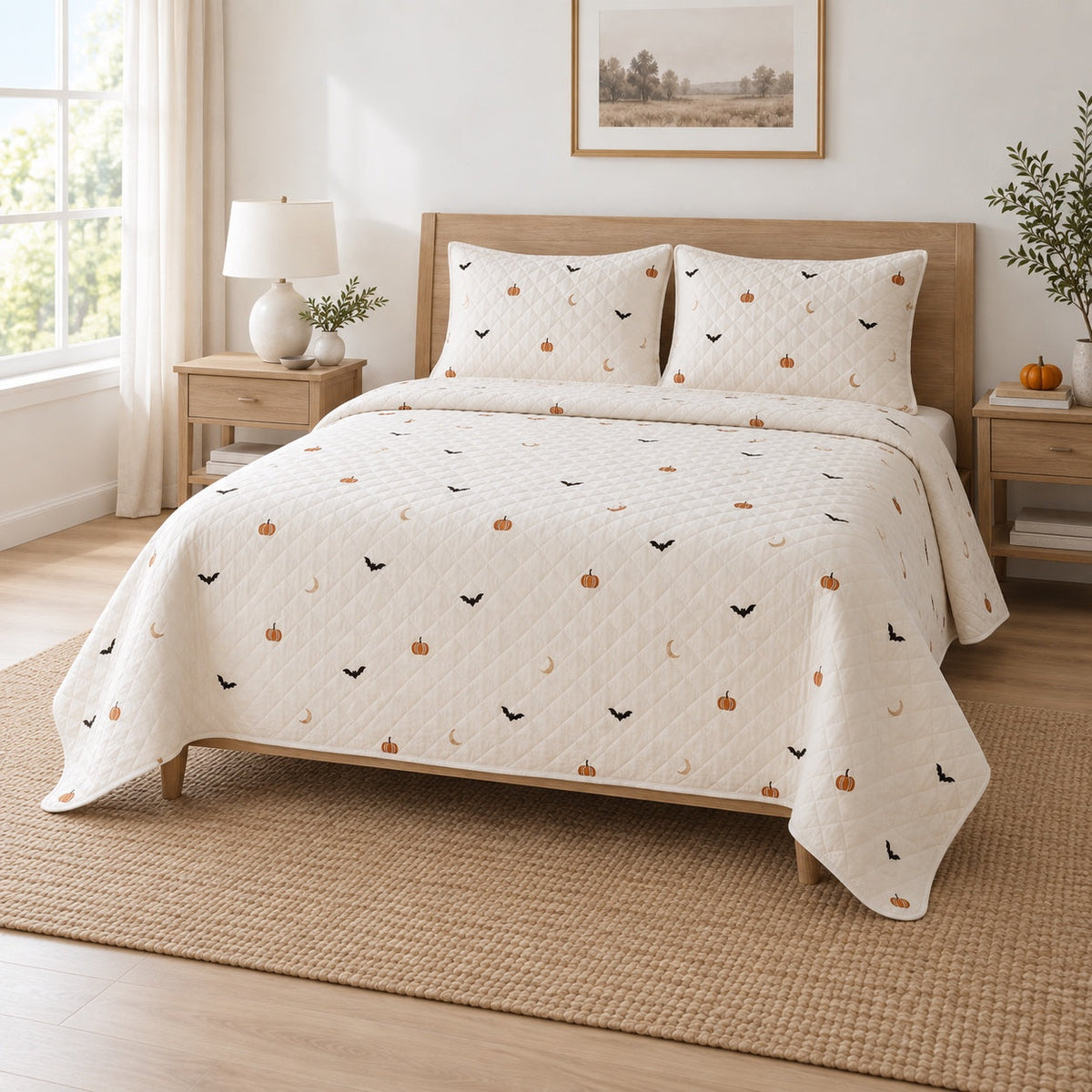 Minimal Spooky Halloween Quilt Set, angled halloween home decorating bedroom view