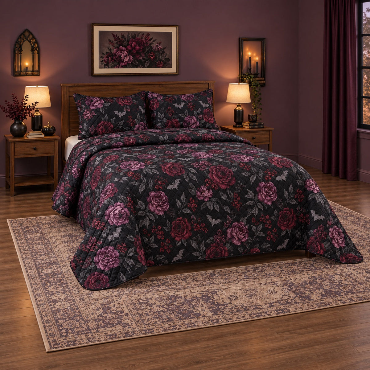 Gothic Floral Halloween Quilt Set, angled halloween home decorating bedroom view