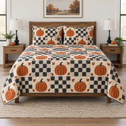 Checkerboard Pumpkin Halloween Quilt Set