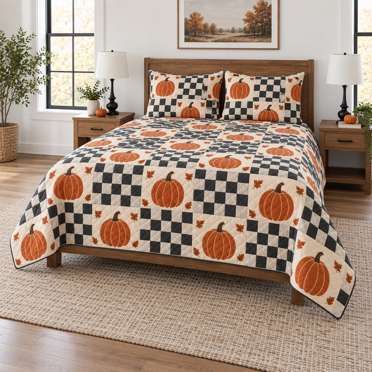 Checkerboard Pumpkin Halloween Quilt Set, angled halloween home decorating bedroom view