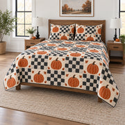 Checkerboard Pumpkin Halloween Quilt Set, angled halloween home decorating bedroom view