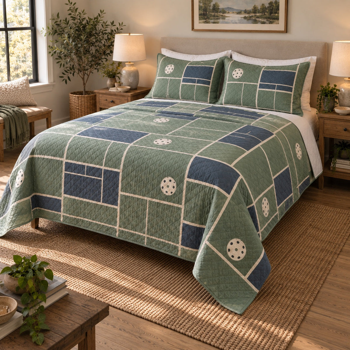 Court Lines Pickleball Quilt Set, angled pickleball bedroom view